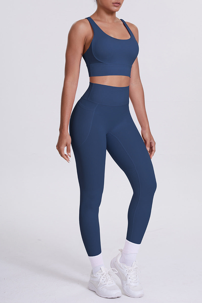 Women Cross-Back Yoga Set: High-Waisted Sculpting Leggings with Pocket + Cloud-Touch Sports Bra