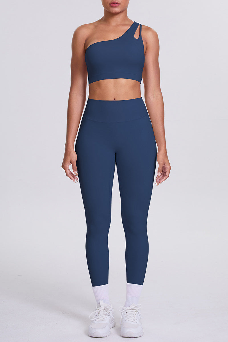 Women One-Shoulder Yoga Set: Naked-Feel High-Waisted Sculpting Leggings + Cross-Back Sports Bra