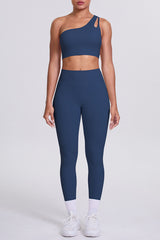 Women One-Shoulder Yoga Set: Naked-Feel High-Waisted Sculpting Leggings + Cross-Back Sports Bra