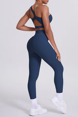 Women One-Shoulder Yoga Set: Naked-Feel High-Waisted Sculpting Leggings + Cross-Back Sports Bra