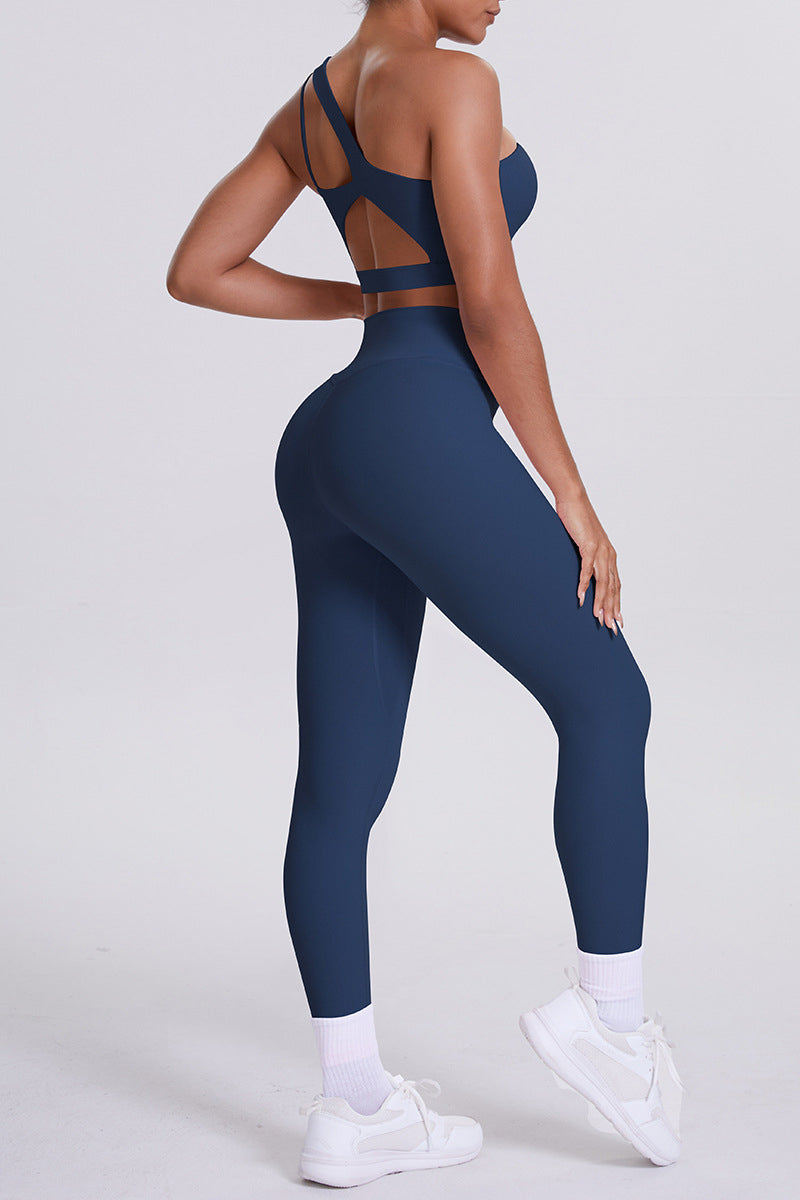 Women One-Shoulder Yoga Set: Naked-Feel High-Waisted Sculpting Leggings + Cross-Back Sports Bra