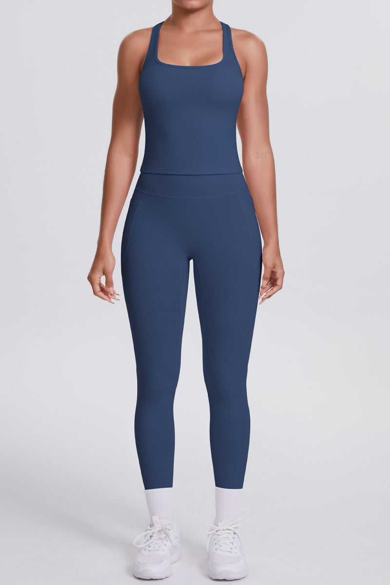 Women Naked-Feel Yoga Set: High-Waisted Pocket Leggings + Square Neck Sports Bra