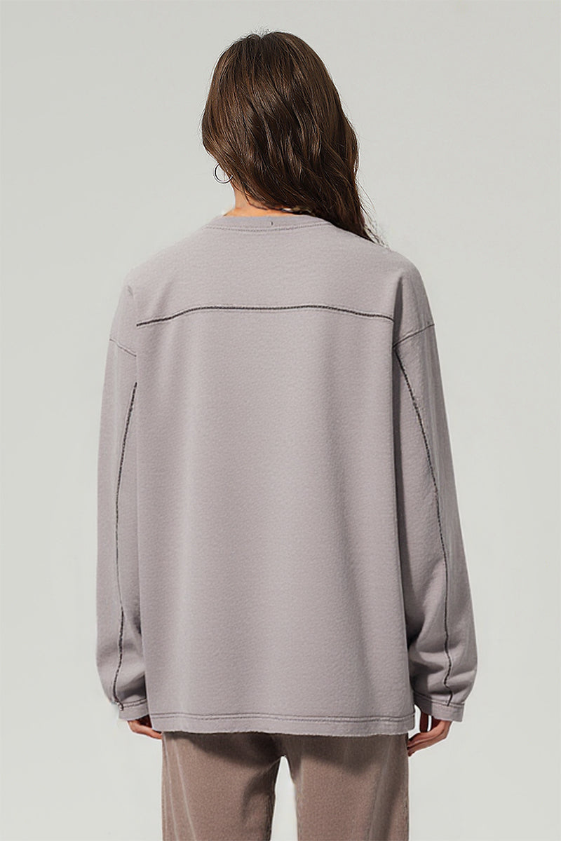 Men/Women Loose Fit Washed Cotton Contrast Stitch Long Sleeve Tee