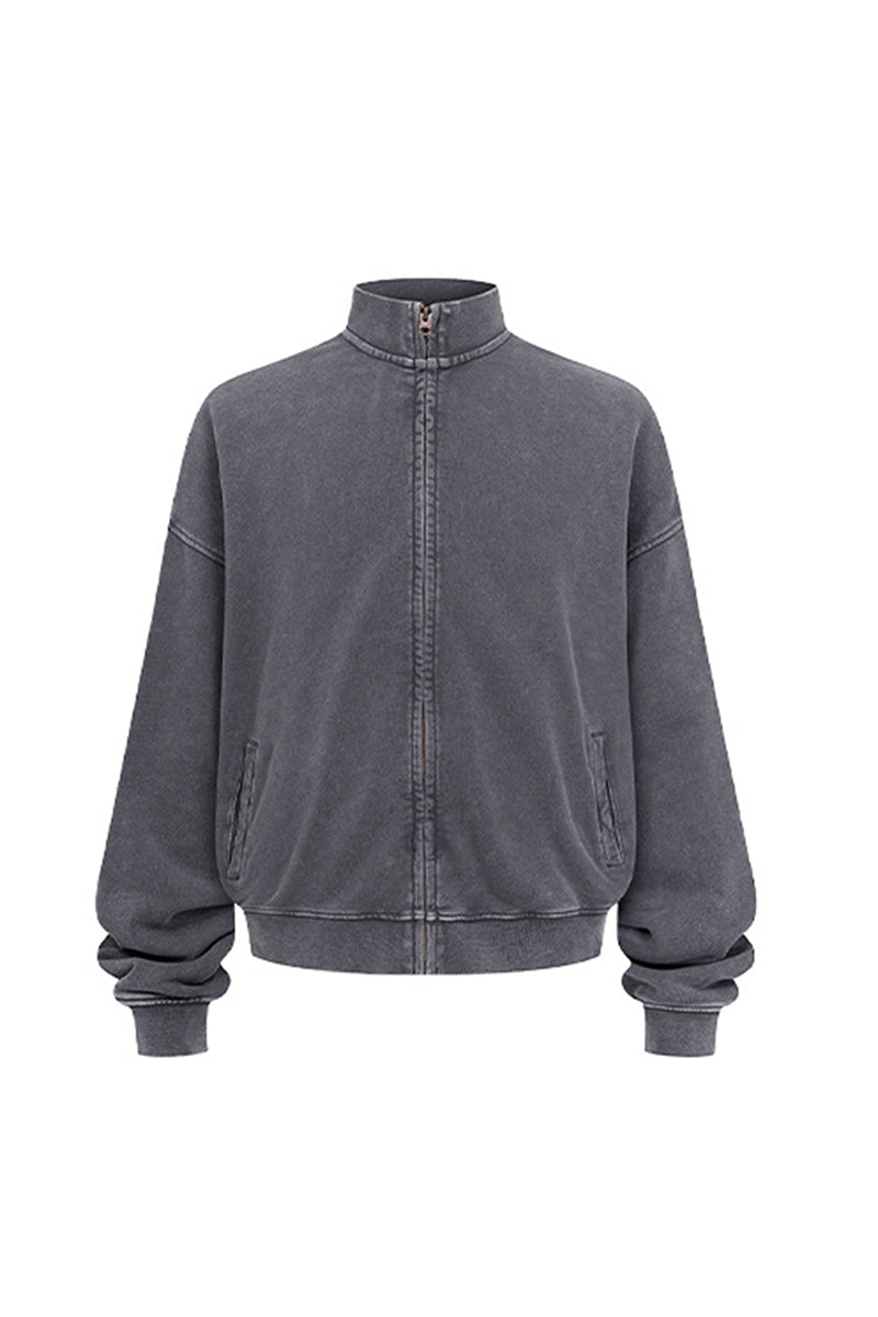 Men/Women Vintage Washed Zip-up Sweatshirt - Pure Cotton Terry Stand-up Collar