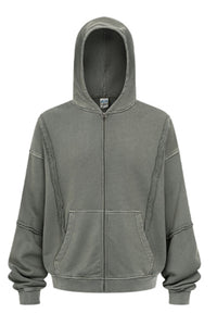 Men/Women Patchwork Raw Edge Vintage Snow Wash Zip Hoodie