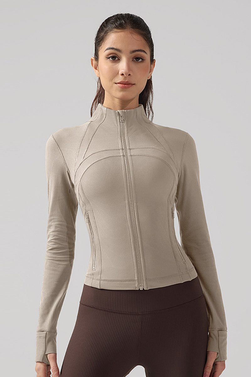 Women Ribbed Zip-Up High-Stretch Quick-Dry Fitness Jacket