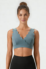 Women's  Solid Scalloped Edge V-Neck Sports Bra