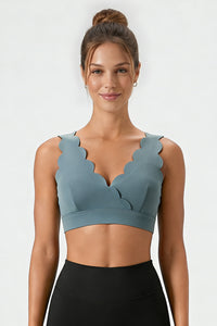 Women's  Solid Scalloped Edge V-Neck Sports Bra