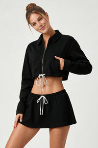 Women's Sets:Cropped Zip-Up Jacket Drawstring Mini Skirt