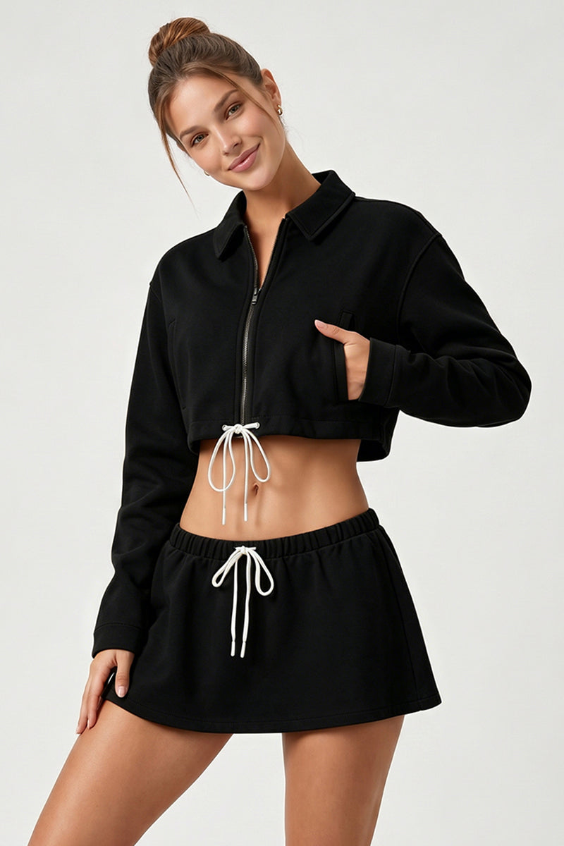 Women's Sets:Cropped Zip-Up Jacket Drawstring Mini Skirt