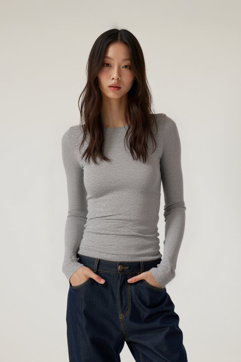 Women Slim Fit Round Neck Long Sleeve T-Shirt - Tencel Wool Blend