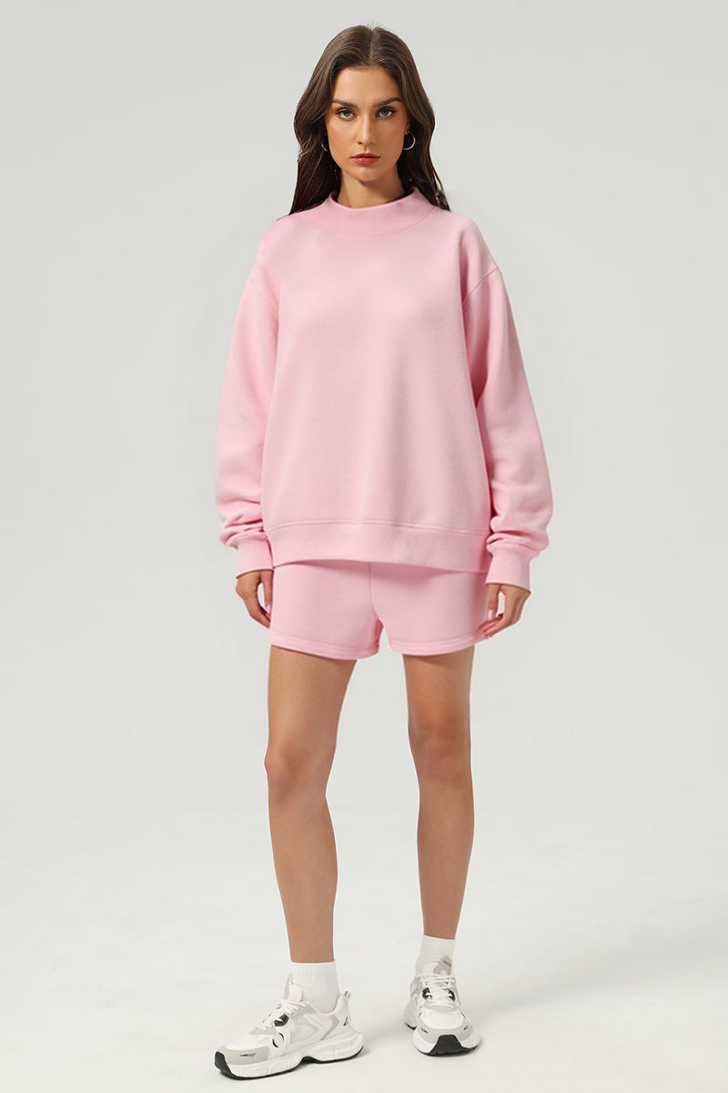 Women Loose Set:Mock Neck Sweatshirt + Shorts