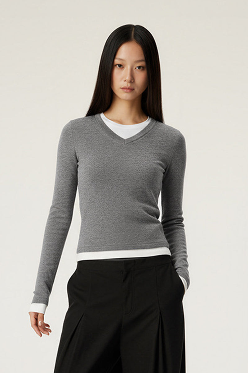 Women V-Neck Layered Slim-Fit Cashmere-Touch Long-Sleeve Knit Top