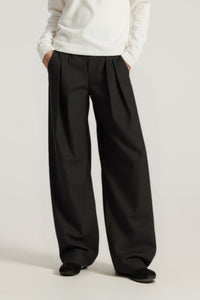 Women Mid-Low Waist Wide-Leg Pleated Trousers - Textured Polyester Blend