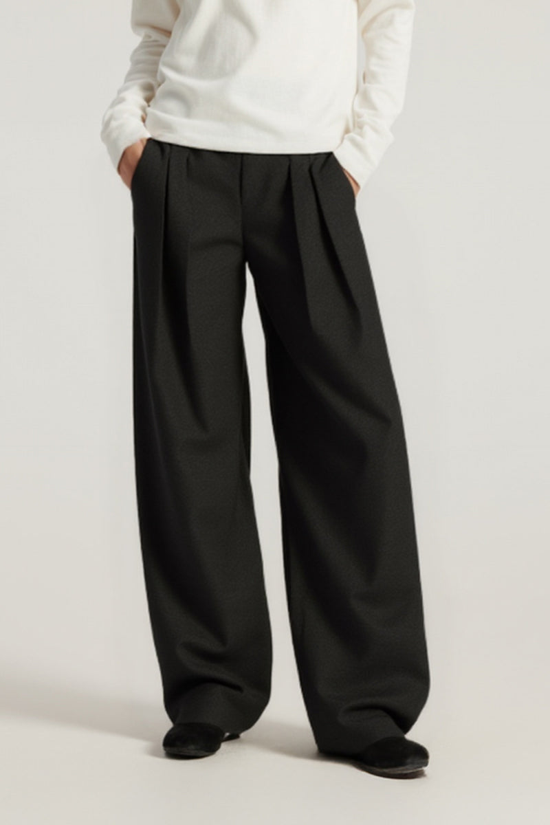Women Mid-Low Waist Wide-Leg Pleated Trousers - Textured Polyester Blend