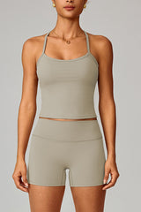 Women Brushed Slim Fit Yoga Set: Square Neck Camisole + High Waist Shorts