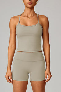 Women Brushed Slim Fit Yoga Set: Square Neck Camisole + High Waist Shorts