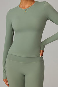 Women Brushed Round Neck Slim Fit Workout Long Sleeve Top