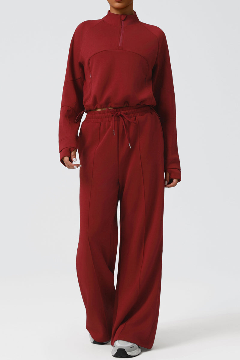 Women Casual Sporty Set: Half Zip Pullover + Wide Leg Pants