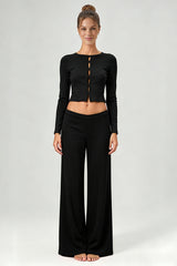 Women's Casual Top And Low-Rise Flowy Wide-Leg Pants Set