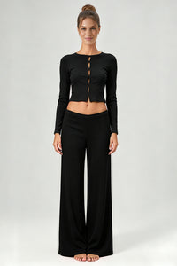 Women's Casual Top And Low-Rise Flowy Wide-Leg Pants Set