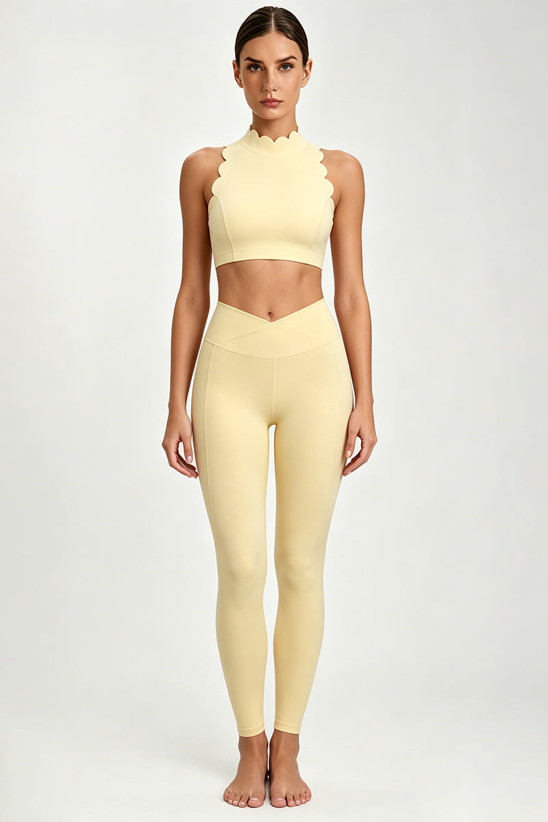Women's Scallop-Edge High-Neck Top And Leggings Sports Set