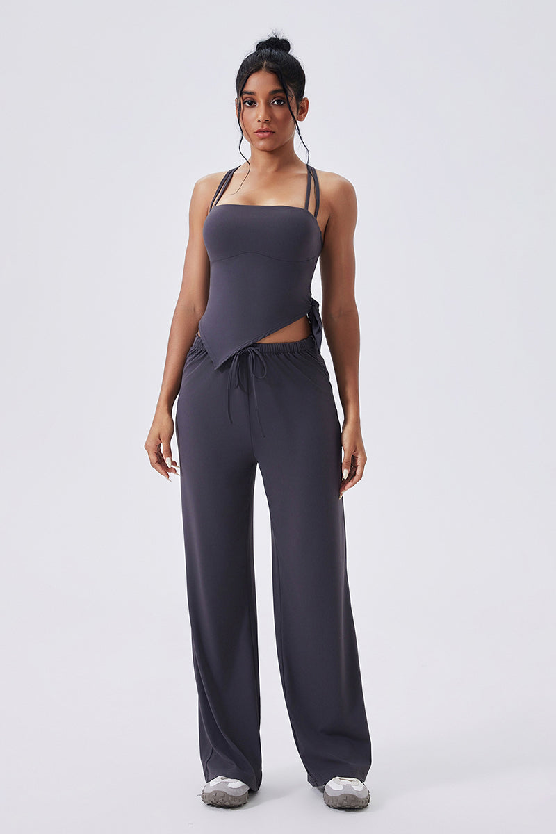 Women Square-Neck Cross-Back Yoga Set: Adjustable Sports Bra + Wide-Leg Pants
