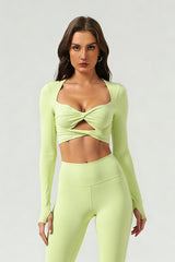 Women's Athletic Cropped Twist-Front Long Sleeves Top