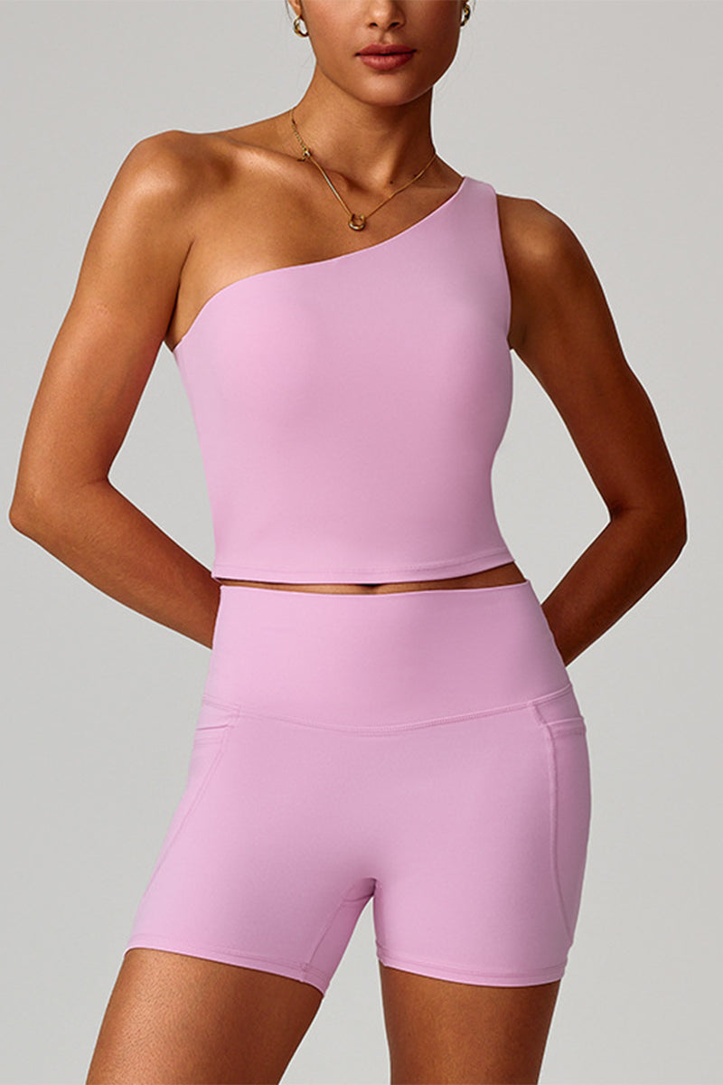 Women Cloud-Feel Quick-Dry Yoga Set: Asymmetric Strap Bra + High-Waist Pocket Shorts