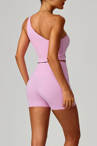 Women Cloud-Feel Quick-Dry Yoga Set: Asymmetric Strap Bra + High-Waist Pocket Shorts