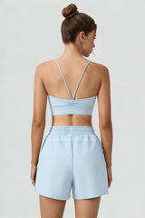 Women Sports Sets:Thin Strap Bra And  Side Pocket Shorts