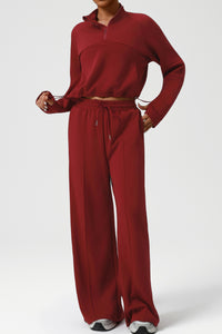Women Casual Sporty Set: Half Zip Pullover + Wide Leg Pants