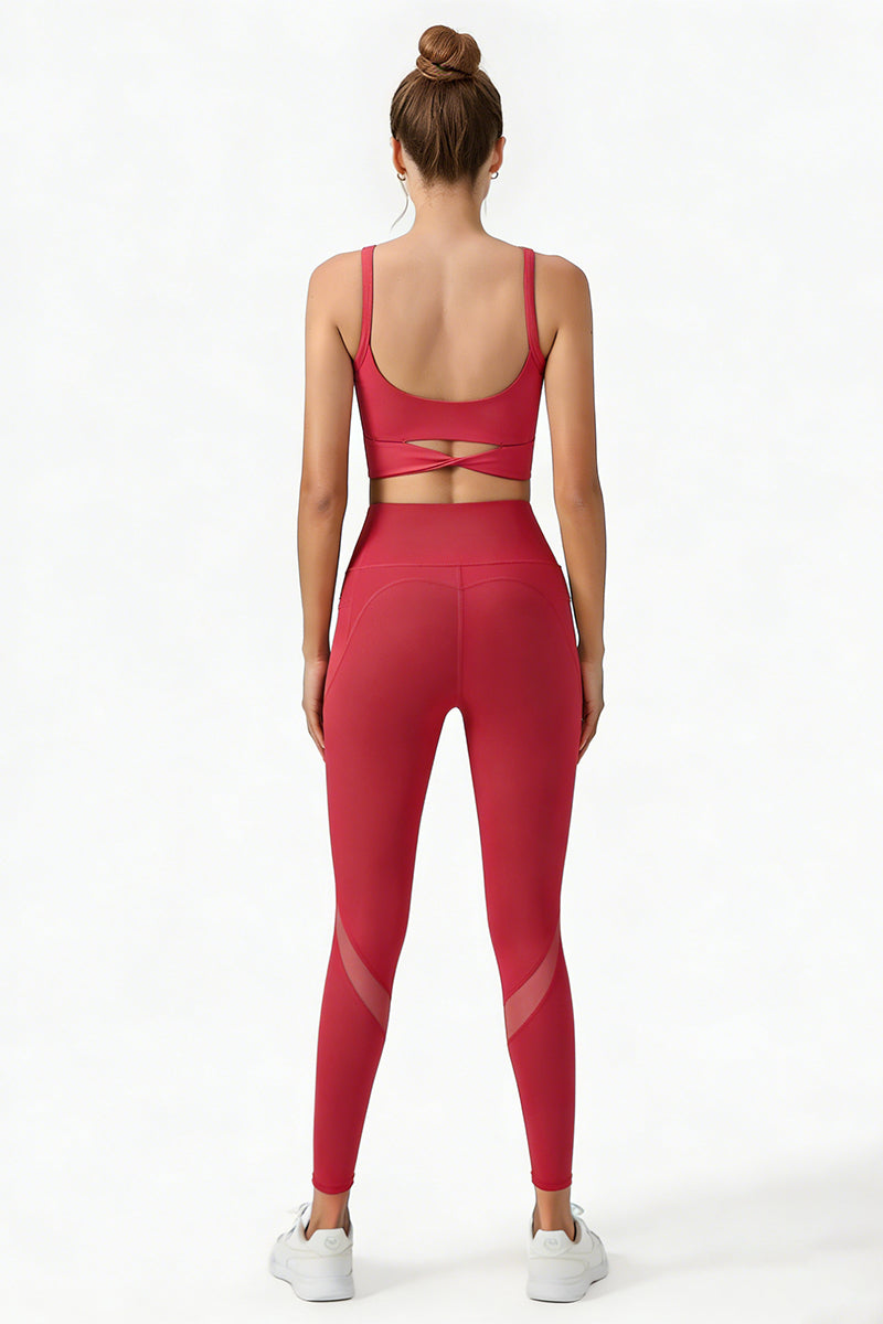 Women's Yoga Sets:Twist-Back Bra And Mesh Panel Leggings