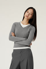 Women V-Neck Layered Slim-Fit Cashmere-Touch Long-Sleeve Knit Top