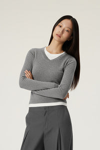 Women V-Neck Layered Slim-Fit Cashmere-Touch Long-Sleeve Knit Top