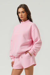 Women Loose Set:Mock Neck Sweatshirt + Shorts