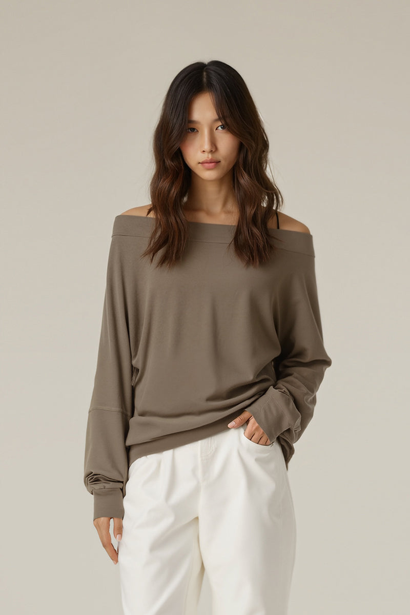 Women Off-Shoulder Relaxed Fit Slim Waist Long Sleeve T-Shirt