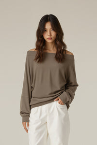 Women Off-Shoulder Relaxed Fit Slim Waist Long Sleeve T-Shirt