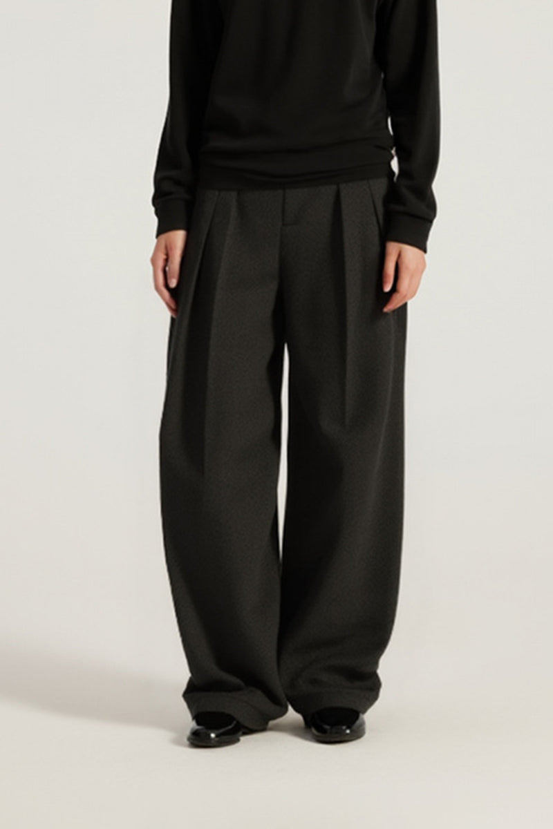 Women Mid-Low Waist Wide-Leg Pleated Trousers - Textured Polyester Blend
