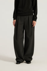 Women Mid-Low Waist Wide-Leg Pleated Trousers - Textured Polyester Blend