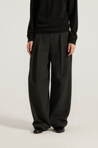 Women Mid-Low Waist Wide-Leg Pleated Trousers - Textured Polyester Blend
