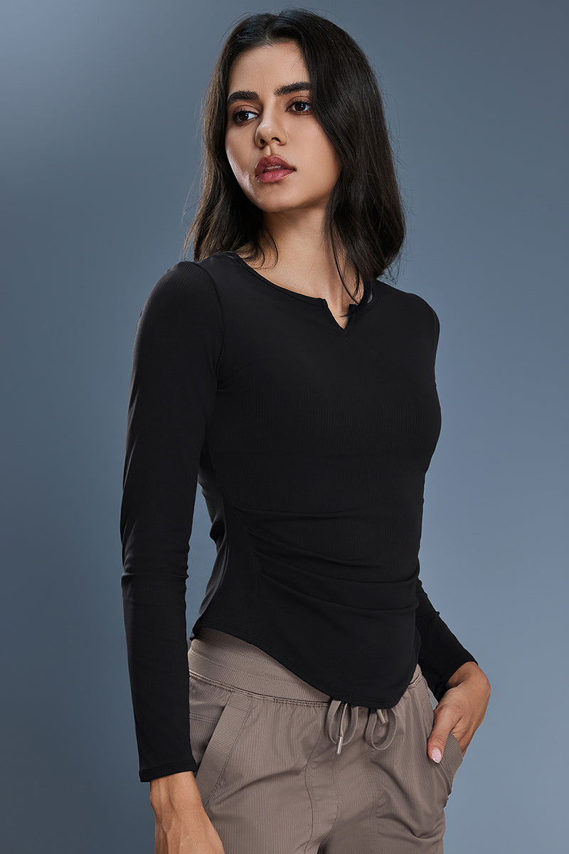 Women V-Neck Stretchy Slim-Fit Yoga Long Sleeve Top