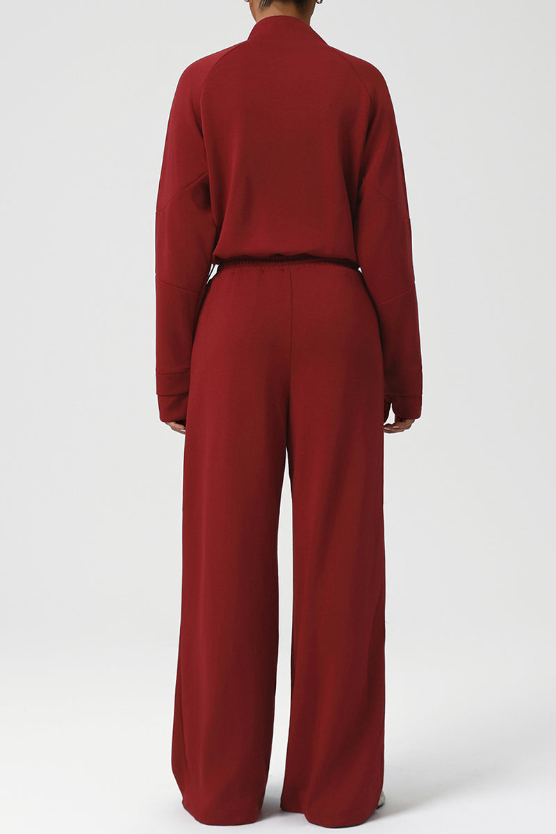Women Casual Sporty Set: Half Zip Pullover + Wide Leg Pants