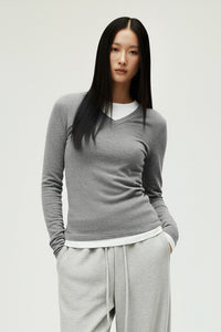 Women V-Neck Layered Slim-Fit Cashmere-Touch Long-Sleeve Knit Top