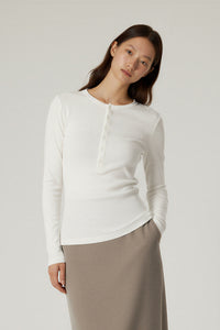 Women Slim Fit Henley Neck Long Sleeve T-Shirt - Tencel? Blend