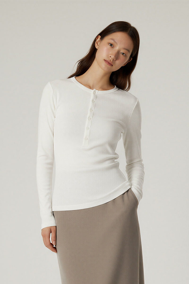 Women Slim Fit Henley Neck Long Sleeve T-Shirt - Tencel? Blend