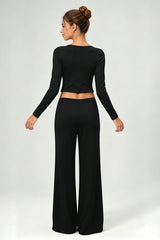 Women's Casual Top And Low-Rise Flowy Wide-Leg Pants Set