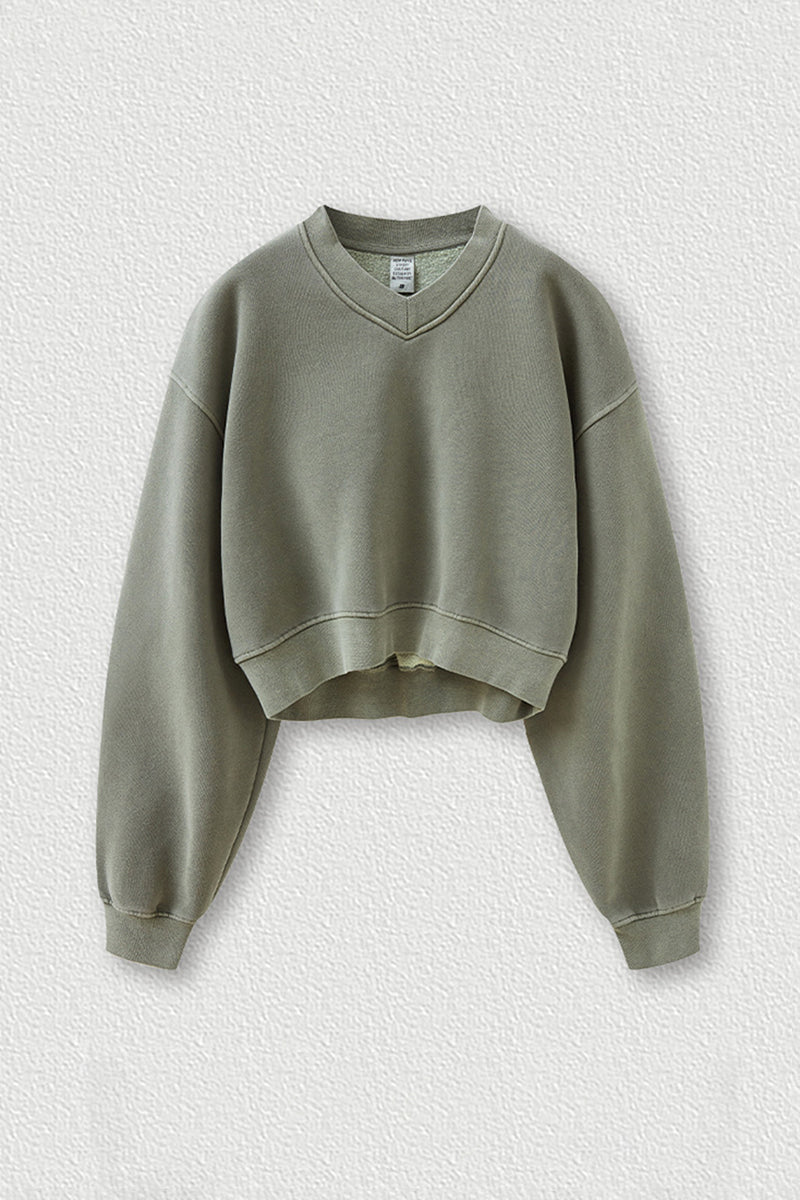 Women's washed velvet V-neck cropped sweatshirt