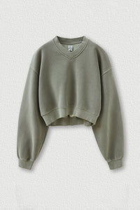 Women's washed velvet V-neck cropped sweatshirt