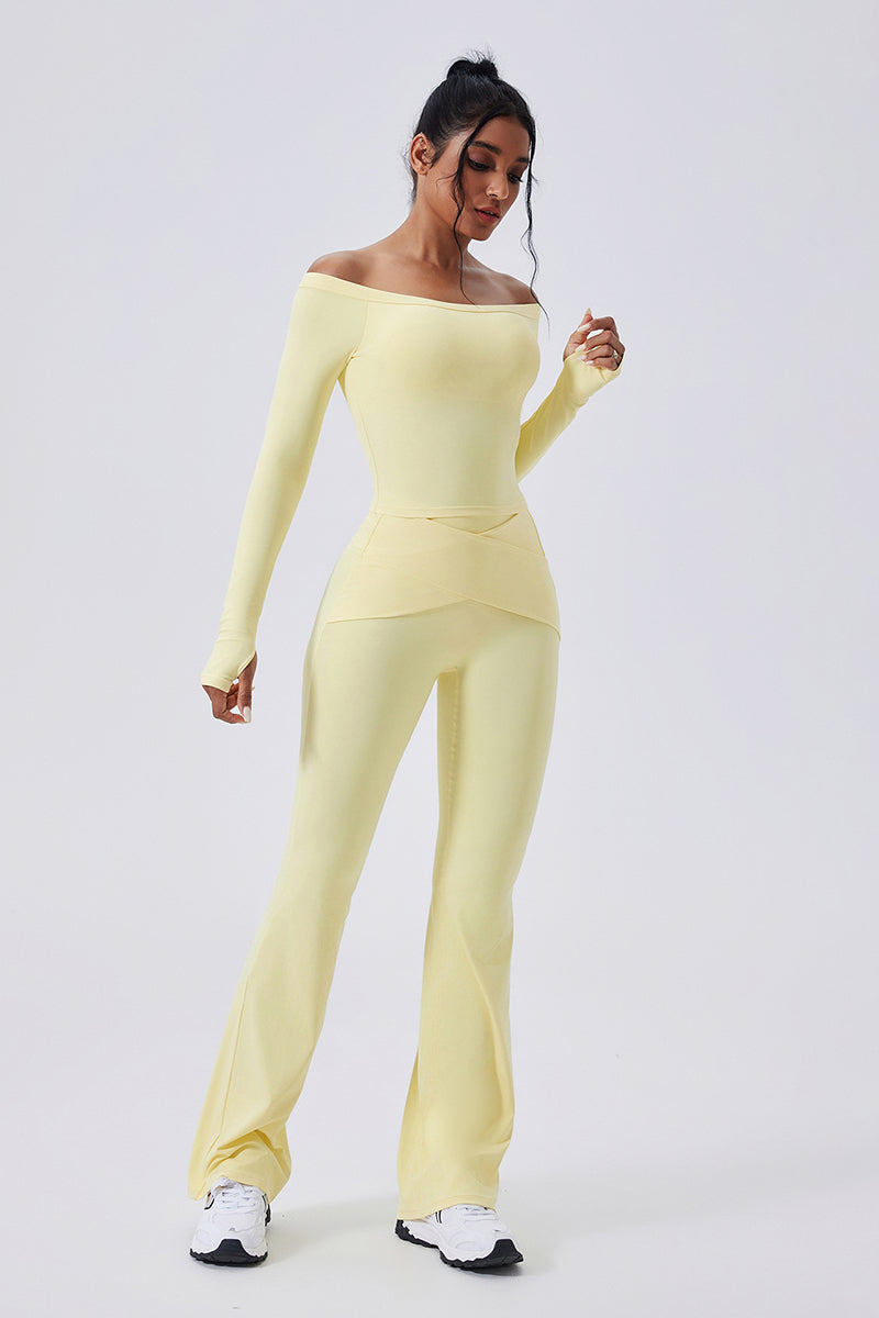 Women Off-Shoulder High-Waist Quick-Dry Yoga Set: Long Sleeve Top + Leggings